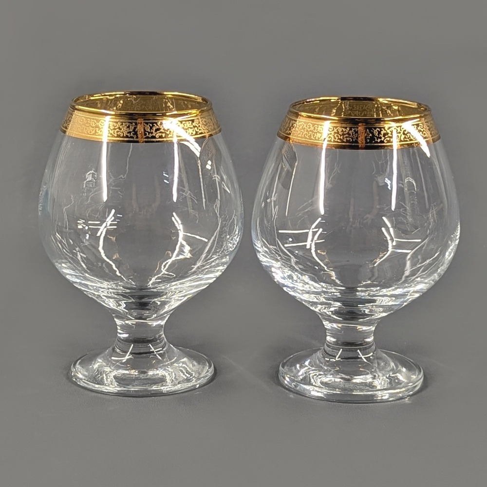 Vintage Gold Filigree Rim Brandy Snifter Glass Set of 2 Clear Glass 5 Inch